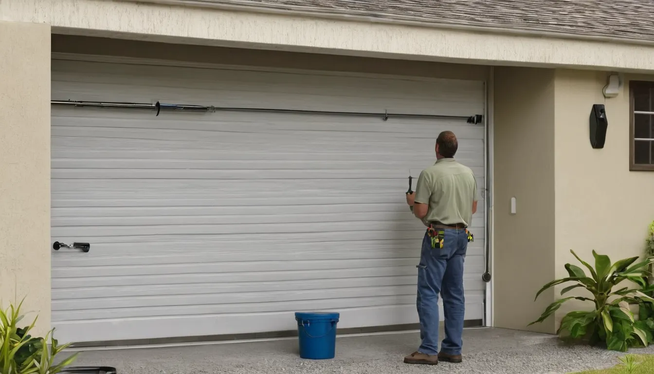 Independent garage door provider inspecting a torsion spring above a garage door in a Weston home